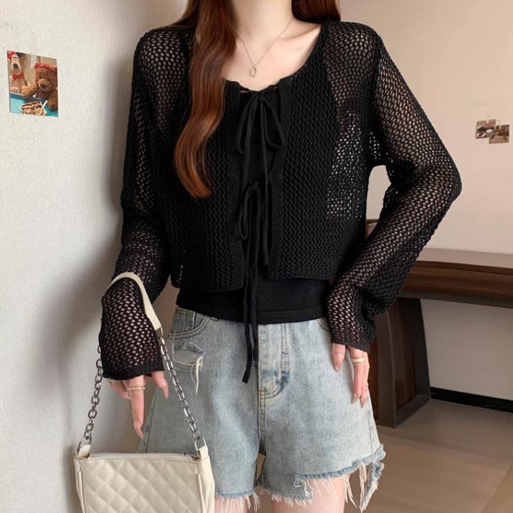 透かし編みカーディガン キャミソールセット メッシュニット | COCOMOMO | 詳細画像17 