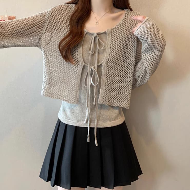 透かし編みカーディガン キャミソールセット メッシュニット | COCOMOMO | 詳細画像4 