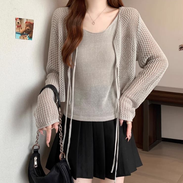 透かし編みカーディガン キャミソールセット メッシュニット | COCOMOMO | 詳細画像6 