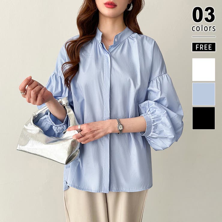 ブルー | バルーンスリーブブラウス シャツブラウス ボリューム袖 | COCOMOMO