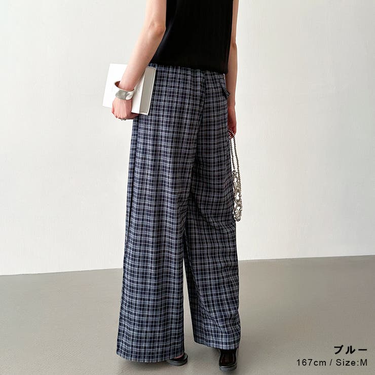 チェックワイドパンツ ガウチョパンツ イージーパンツ[品番