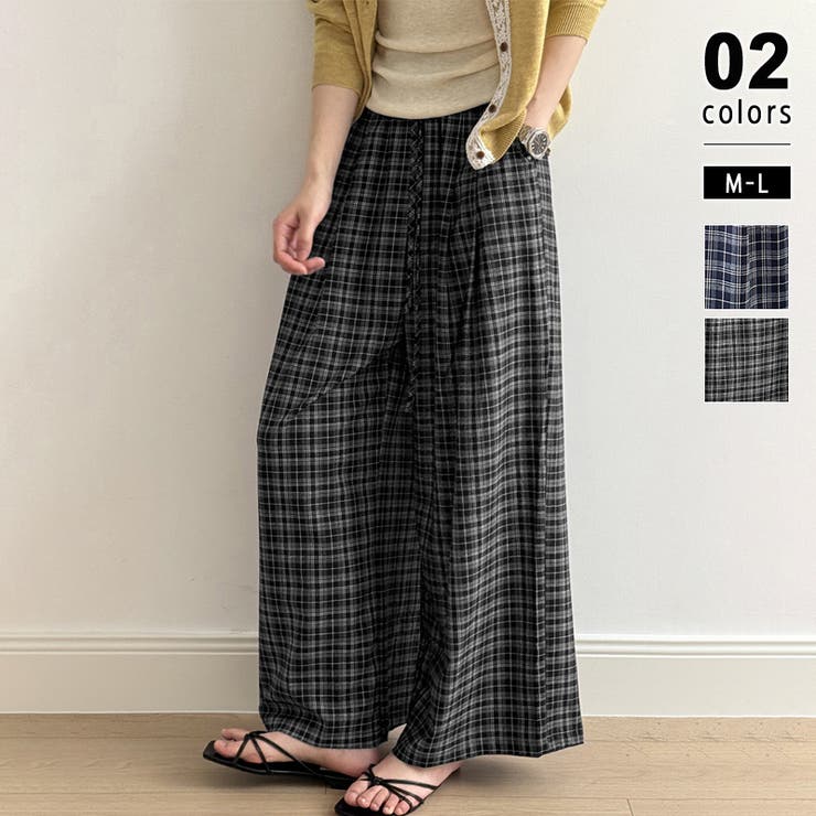 ブラック | チェックワイドパンツ ガウチョパンツ イージーパンツ | COCOMOMO