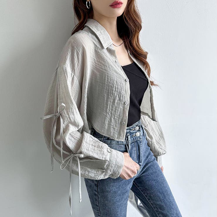 袖リボン×ショート丈 シアーシャツ ショートトップス | COCOMOMO | 詳細画像11 