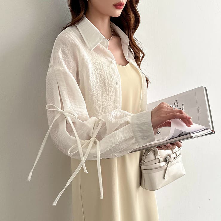 袖リボン×ショート丈 シアーシャツ ショートトップス | COCOMOMO | 詳細画像18 