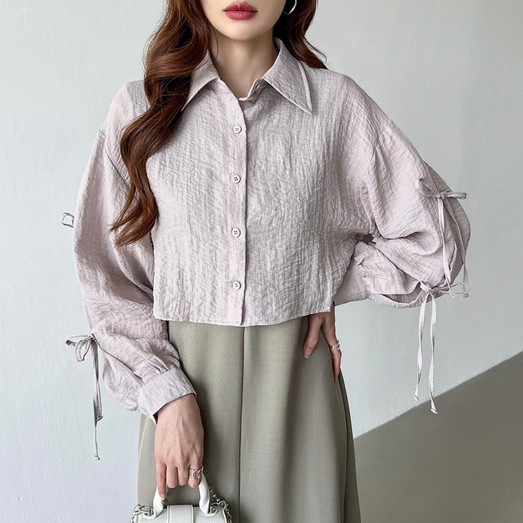 袖リボン×ショート丈 シアーシャツ ショートトップス | COCOMOMO | 詳細画像2 