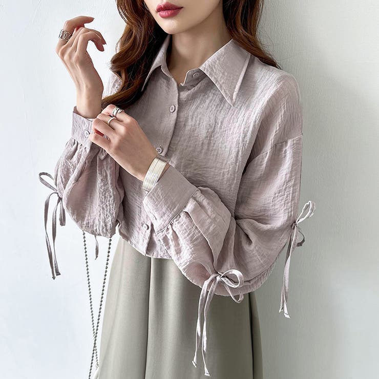 袖リボン×ショート丈 シアーシャツ ショートトップス | COCOMOMO | 詳細画像4 