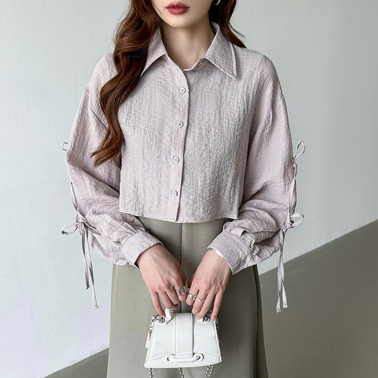 袖リボン×ショート丈 シアーシャツ ショートトップス | COCOMOMO | 詳細画像7 