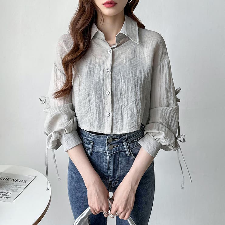 袖リボン×ショート丈 シアーシャツ ショートトップス | COCOMOMO | 詳細画像9 