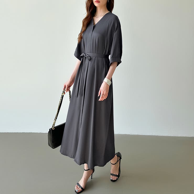 ジップアップワンピース シャツワンピース vネックワンピース | COCOMOMO | 詳細画像16 