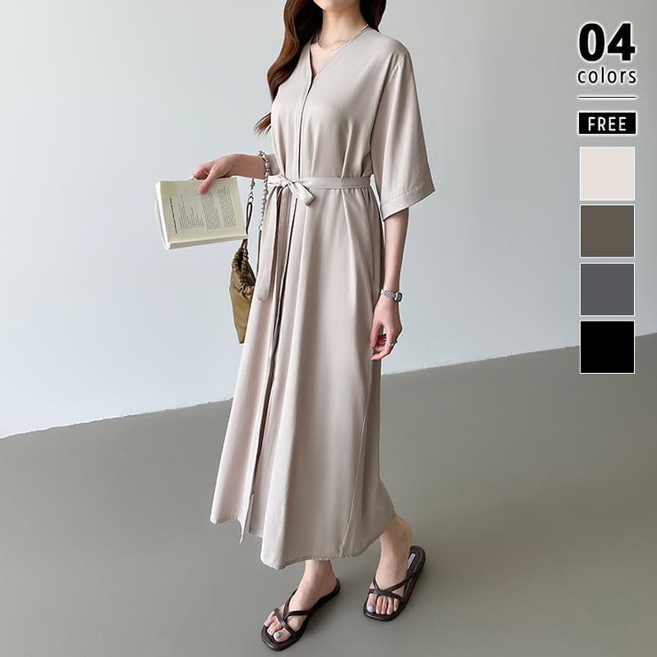 ベージュ | ジップアップワンピース シャツワンピース vネックワンピース | COCOMOMO