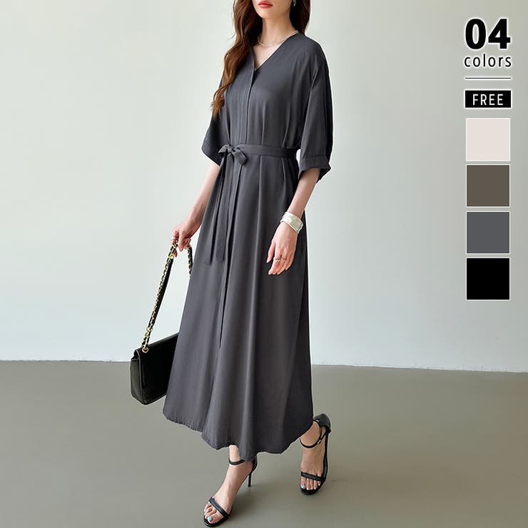 ダークグレー | ジップアップワンピース シャツワンピース vネックワンピース | COCOMOMO