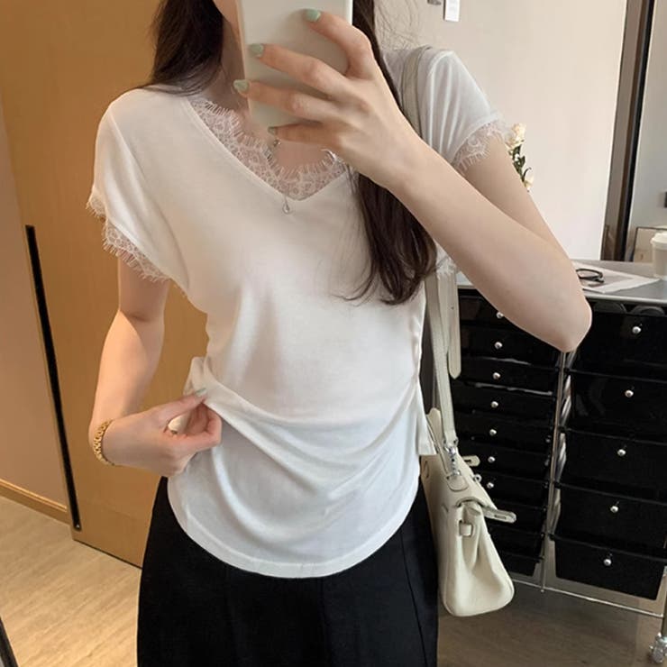 サイドシェイプデザイン レースカットソー 半袖Tシャツ[品番 サイドシェイプデザイン レースカットソー 半袖Tシャツ[品番