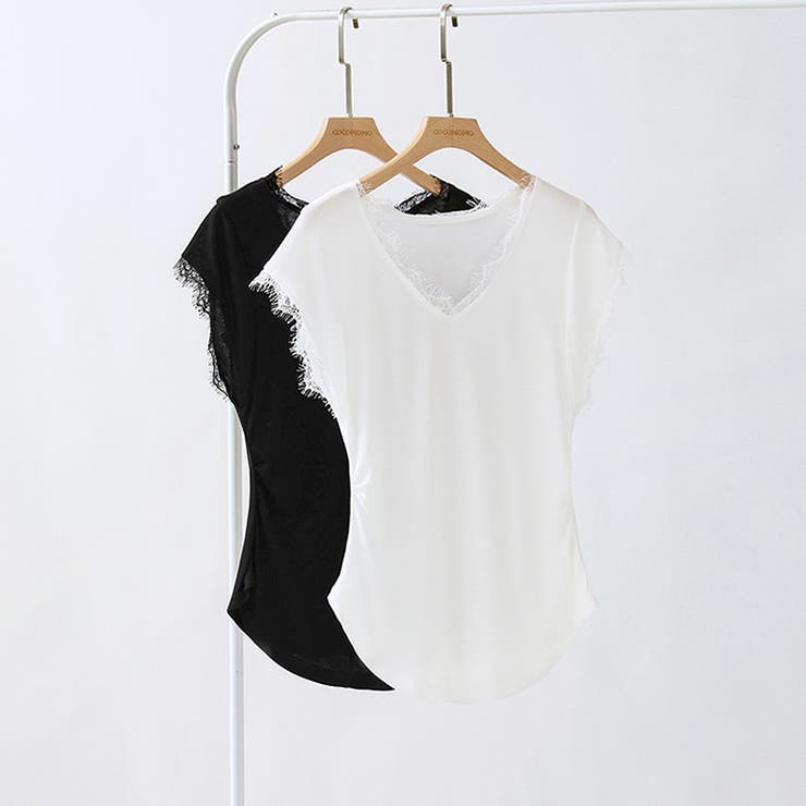 サイドシェイプデザイン レースカットソー 半袖Tシャツ | COCOMOMO | 詳細画像18 