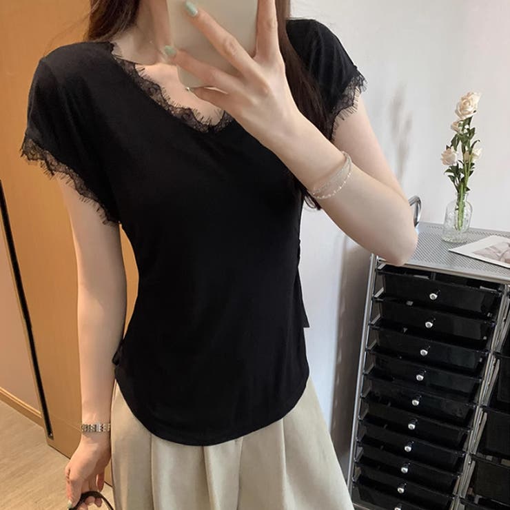 サイドシェイプデザイン レースカットソー 半袖Tシャツ | COCOMOMO | 詳細画像2 