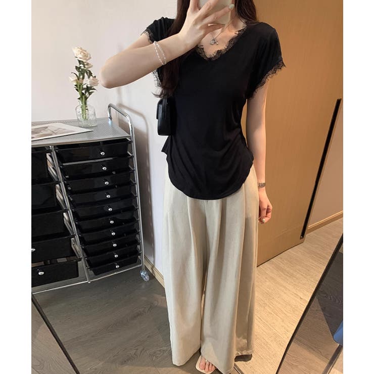 サイドシェイプデザイン レースカットソー 半袖Tシャツ | COCOMOMO | 詳細画像6 