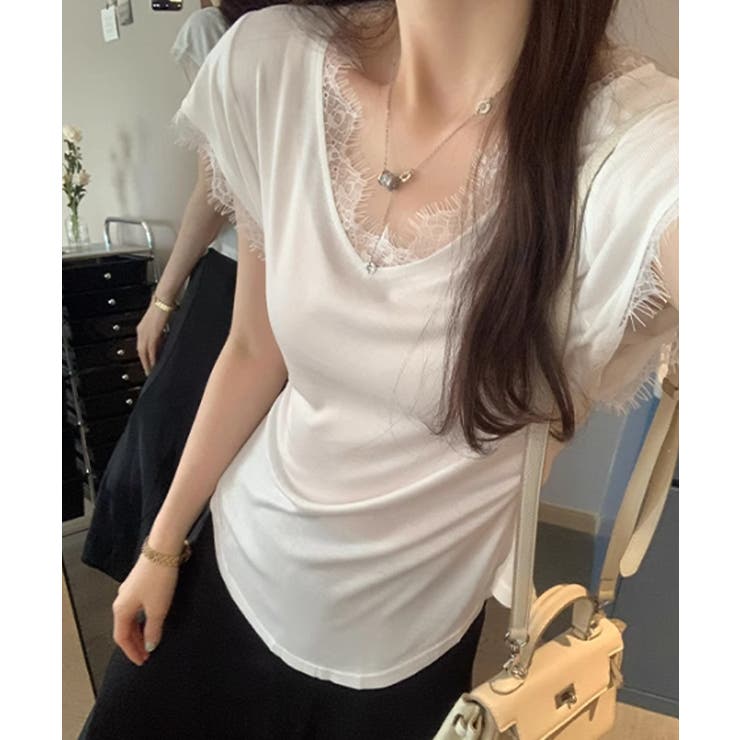 サイドシェイプデザイン レースカットソー 半袖Tシャツ | COCOMOMO | 詳細画像7 