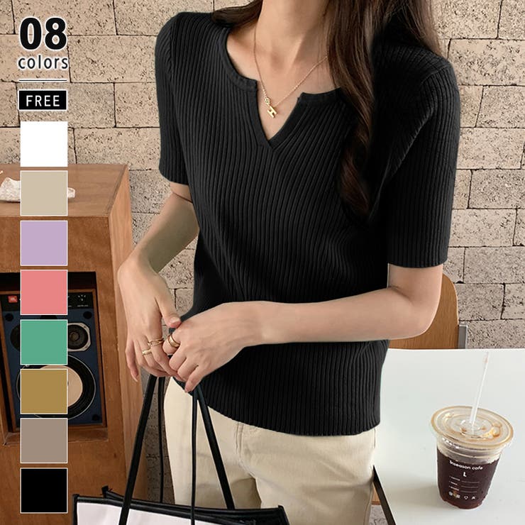 ブラック | キーネックニット リブニット サマーニット | COCOMOMO