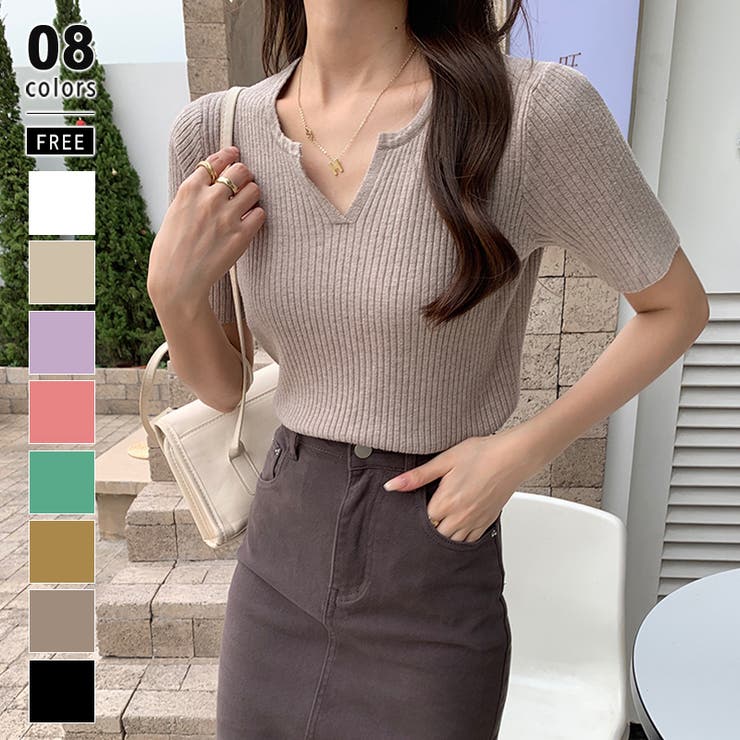 キーネックニット リブニット サマーニット[品番：COCW0006364