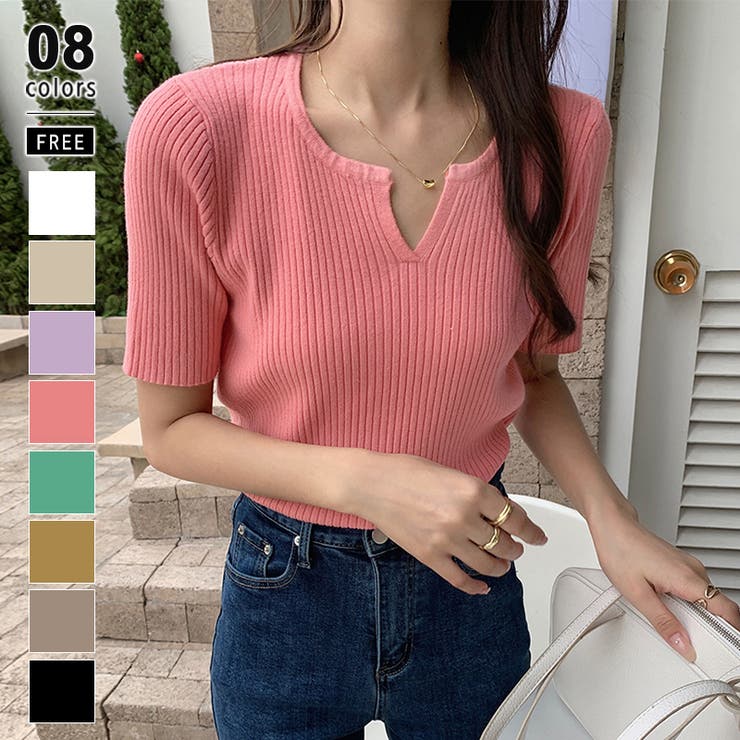 ピンク | キーネックニット リブニット サマーニット | COCOMOMO