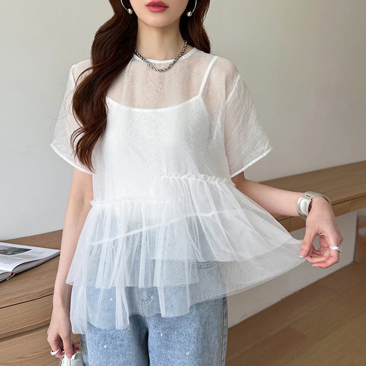 シアーチュールブラウス ペプラム 重ね着トップス | COCOMOMO | 詳細画像13 