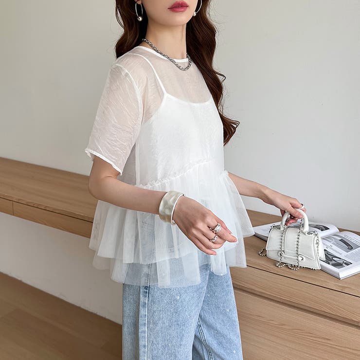 シアーチュールブラウス ペプラム 重ね着トップス | COCOMOMO | 詳細画像14 