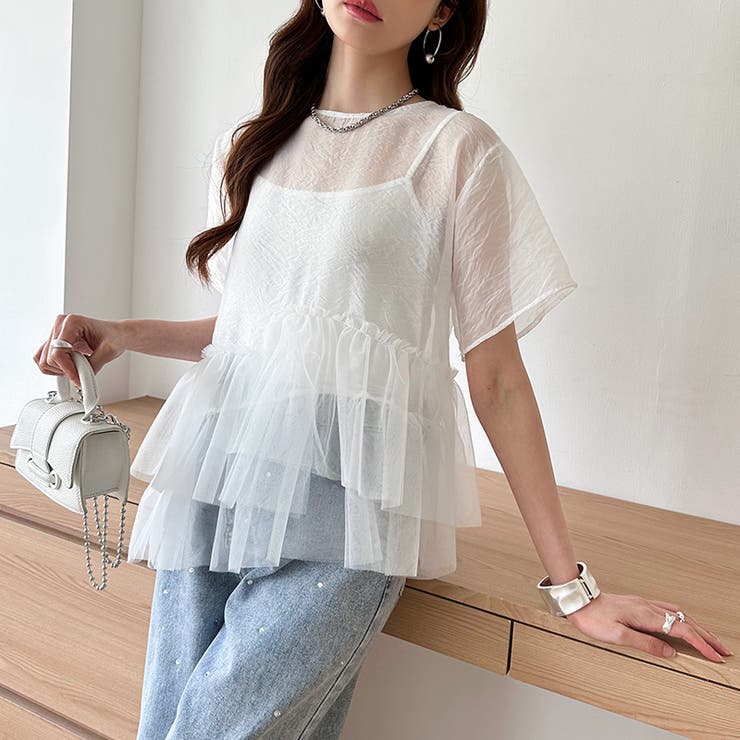 シアーチュールブラウス ペプラム 重ね着トップス | COCOMOMO | 詳細画像15 