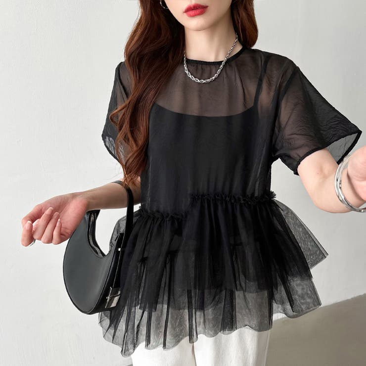 シアーチュールブラウス ペプラム 重ね着トップス | COCOMOMO | 詳細画像2 