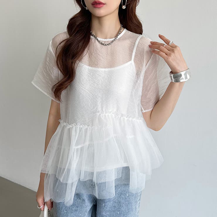 シアーチュールブラウス ペプラム 重ね着トップス | COCOMOMO | 詳細画像9 