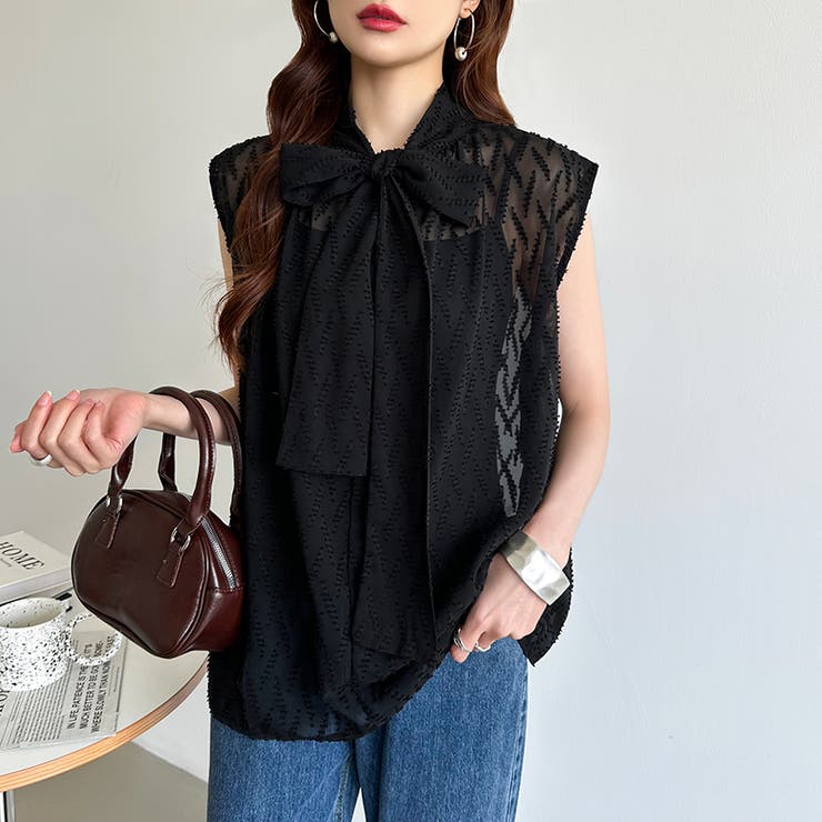 【前後2way】ボウタイブラウス シアーブラウス ノースリーブ | COCOMOMO | 詳細画像12 