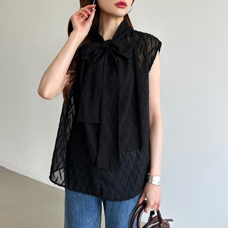 【前後2way】ボウタイブラウス シアーブラウス ノースリーブ | COCOMOMO | 詳細画像15 