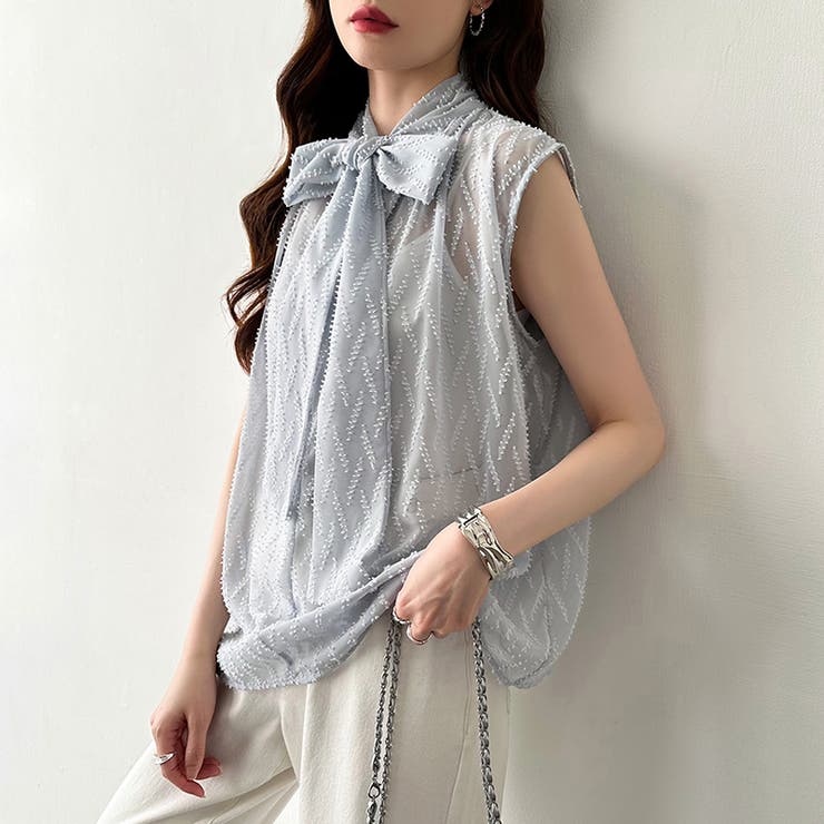 【前後2way】ボウタイブラウス シアーブラウス ノースリーブ | COCOMOMO | 詳細画像17 