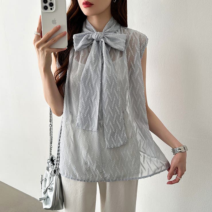 【前後2way】ボウタイブラウス シアーブラウス ノースリーブ | COCOMOMO | 詳細画像18 