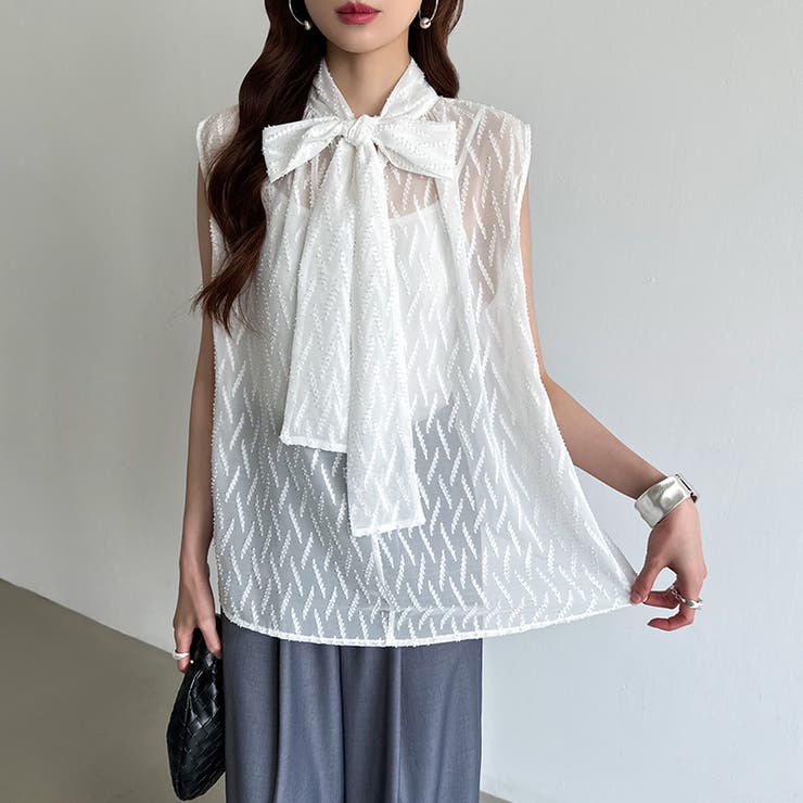 【前後2way】ボウタイブラウス シアーブラウス ノースリーブ | COCOMOMO | 詳細画像2 