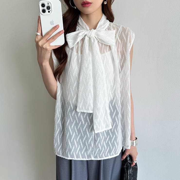 【前後2way】ボウタイブラウス シアーブラウス ノースリーブ | COCOMOMO | 詳細画像3 