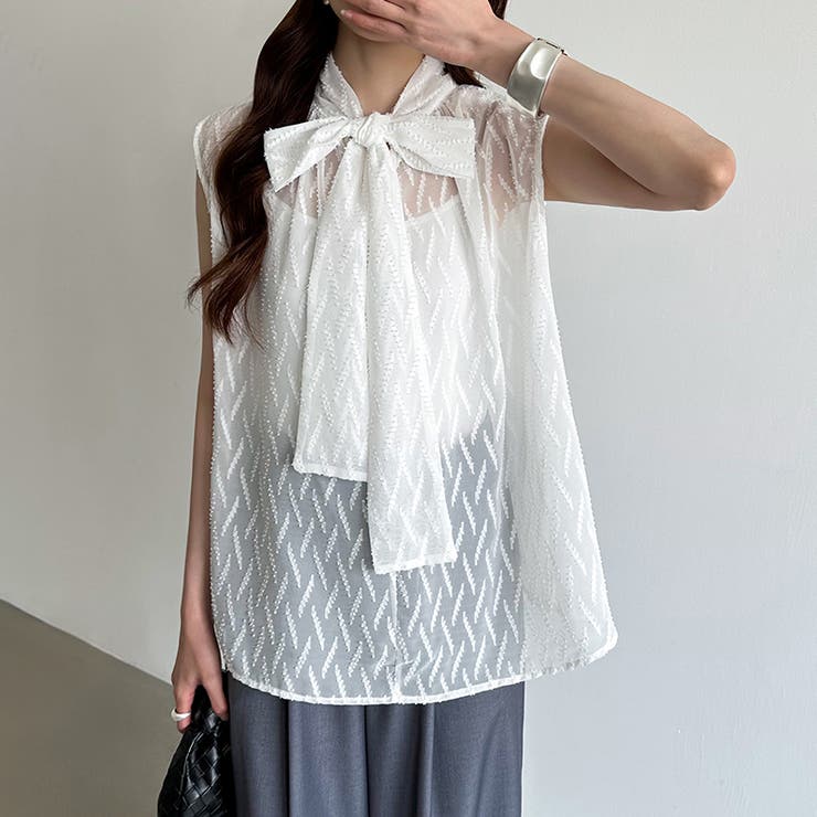 【前後2way】ボウタイブラウス シアーブラウス ノースリーブ | COCOMOMO | 詳細画像7 