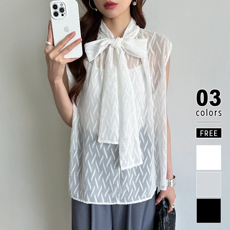 ホワイト | 【前後2way】ボウタイブラウス シアーブラウス ノースリーブ | COCOMOMO