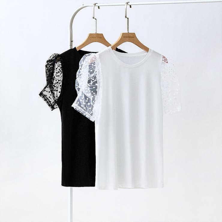 ドットチュールで華やかに パフスリーブトップス 半袖カットソー | COCOMOMO | 詳細画像14 