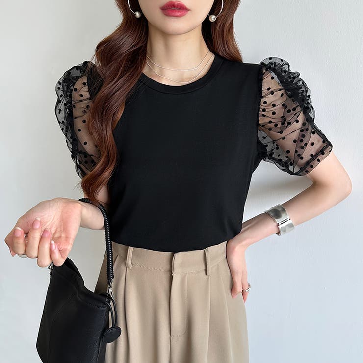 ドットチュールで華やかに パフスリーブトップス 半袖カットソー | COCOMOMO | 詳細画像2 