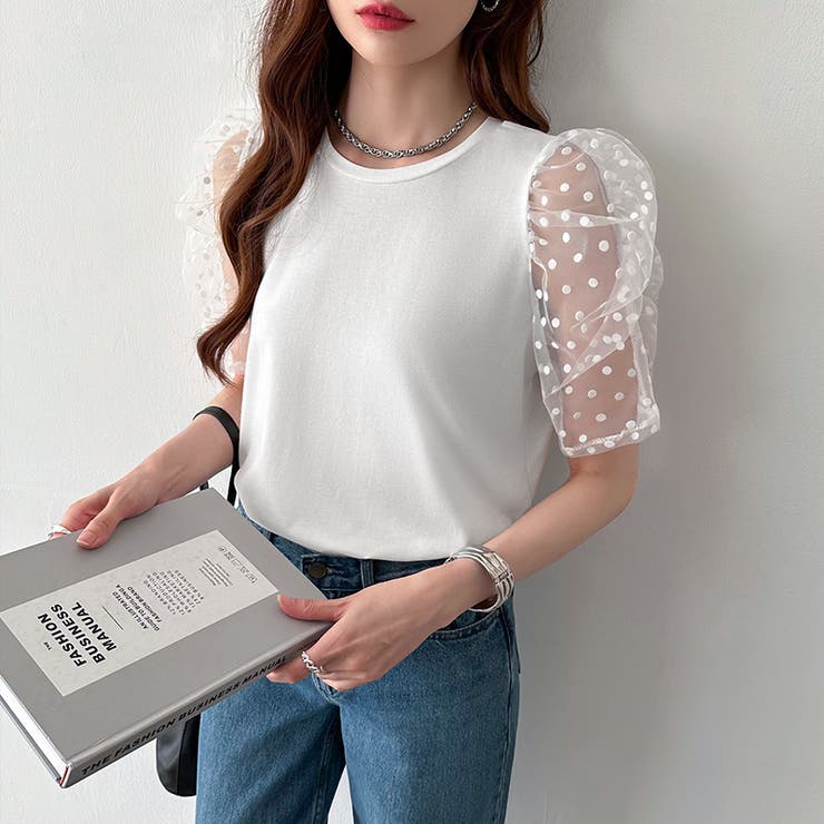 ドット柄パフスリーブトップス ふくれ フレア アンミヌ UNMINOU フリー clear｜胸元シアー半袖パフスリーブトップス≪2024SS新作