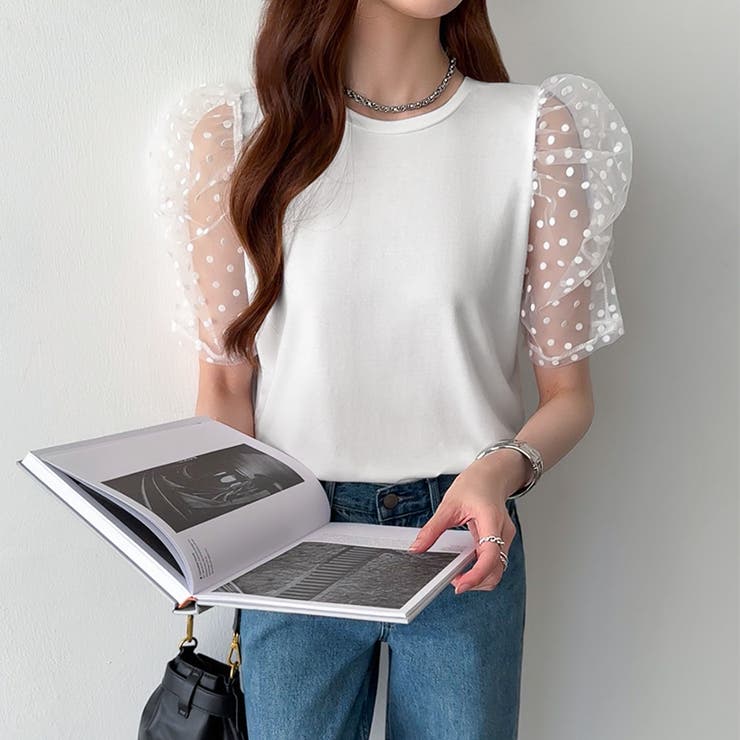 ドットチュールで華やかに パフスリーブトップス 半袖カットソー | COCOMOMO | 詳細画像10 