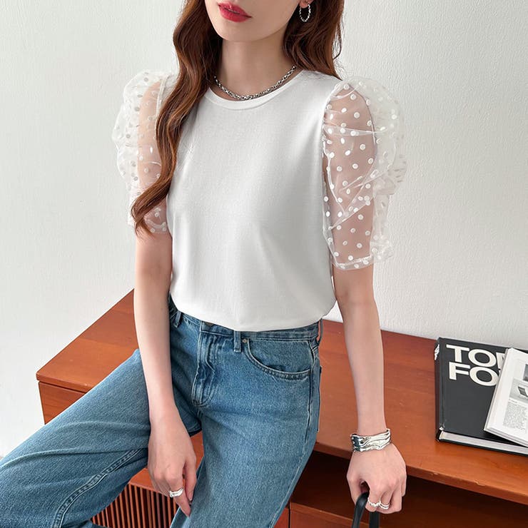 ドットチュールで華やかに パフスリーブトップス 半袖カットソー | COCOMOMO | 詳細画像13 