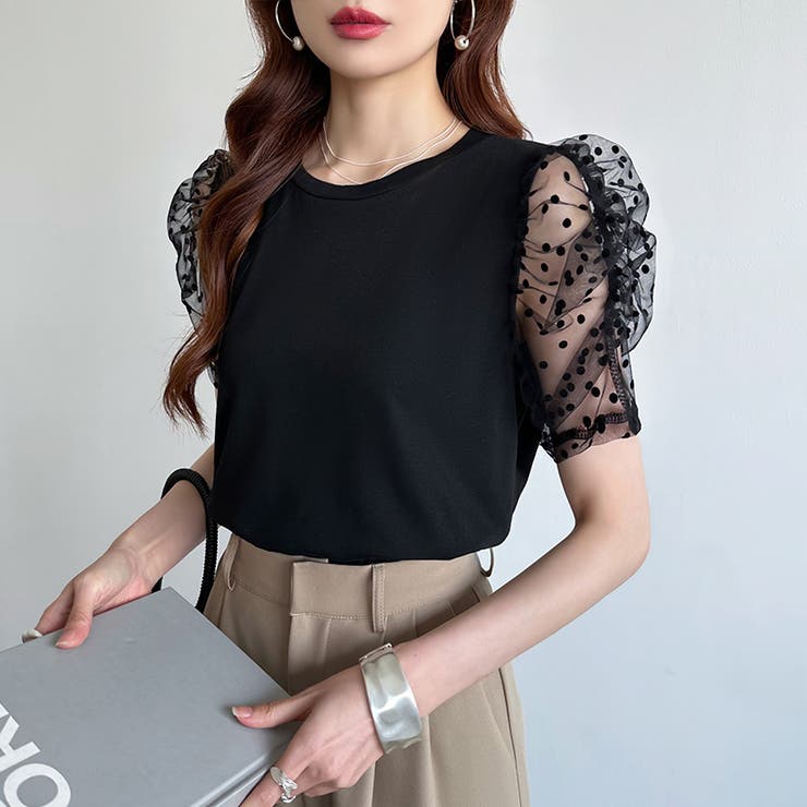 ドットチュールで華やかに パフスリーブトップス 半袖カットソー | COCOMOMO | 詳細画像4 