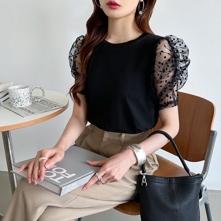 ドットチュールで華やかに パフスリーブトップス 半袖カットソー | COCOMOMO | 詳細画像7 