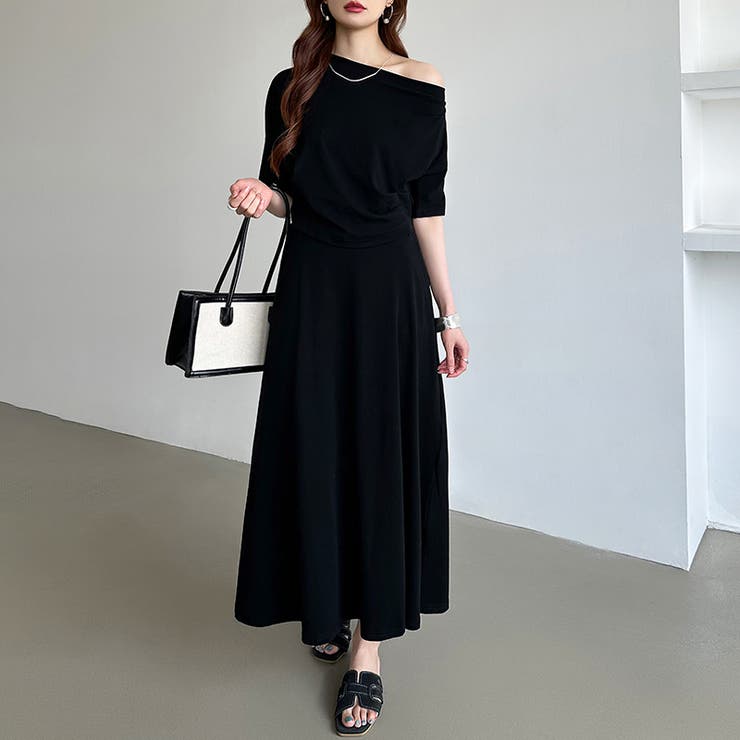 オフショルダー ベルト付きスカート セットアップ夏[品番