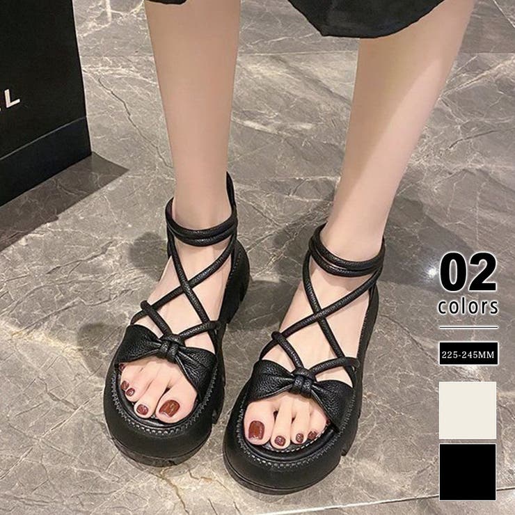 ブラック | リボンクロスストラップサンダル 厚底サンダル 厚底 | COCOMOMO