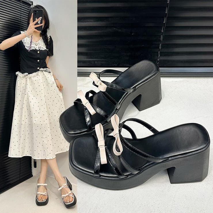 くびれヒール厚底リボンサンダル ミュールサンダル チャンキーヒール | COCOMOMO | 詳細画像14 