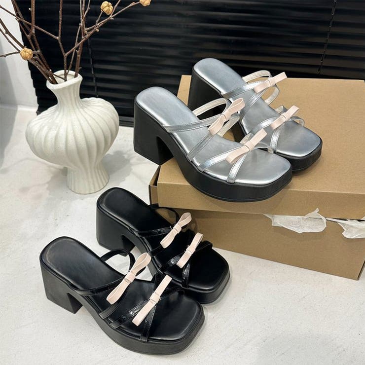 くびれヒール厚底リボンサンダル ミュールサンダル チャンキーヒール | COCOMOMO | 詳細画像15 