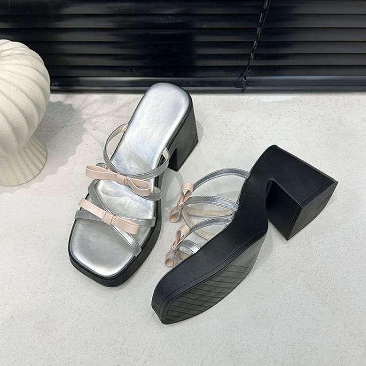 くびれヒール厚底リボンサンダル ミュールサンダル チャンキーヒール | COCOMOMO | 詳細画像18 