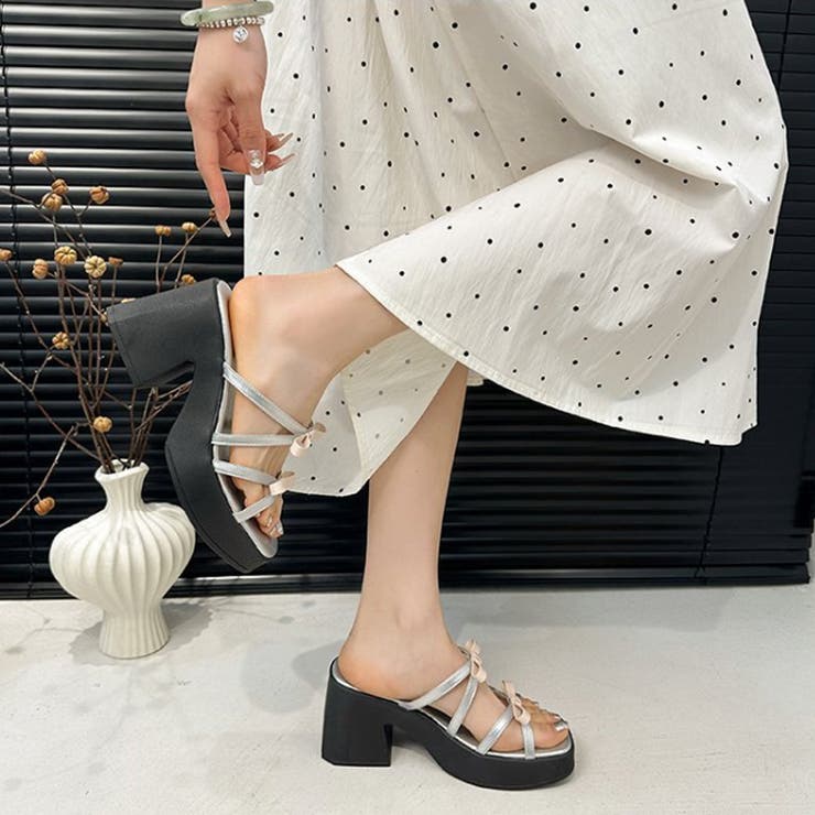 くびれヒール厚底リボンサンダル ミュールサンダル チャンキーヒール | COCOMOMO | 詳細画像4 