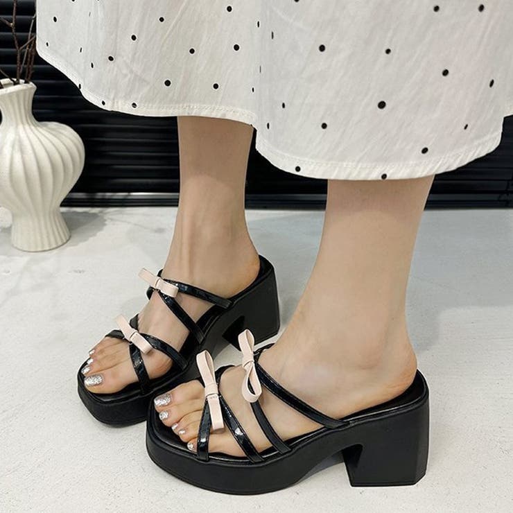 くびれヒール厚底リボンサンダル ミュールサンダル チャンキーヒール | COCOMOMO | 詳細画像6 